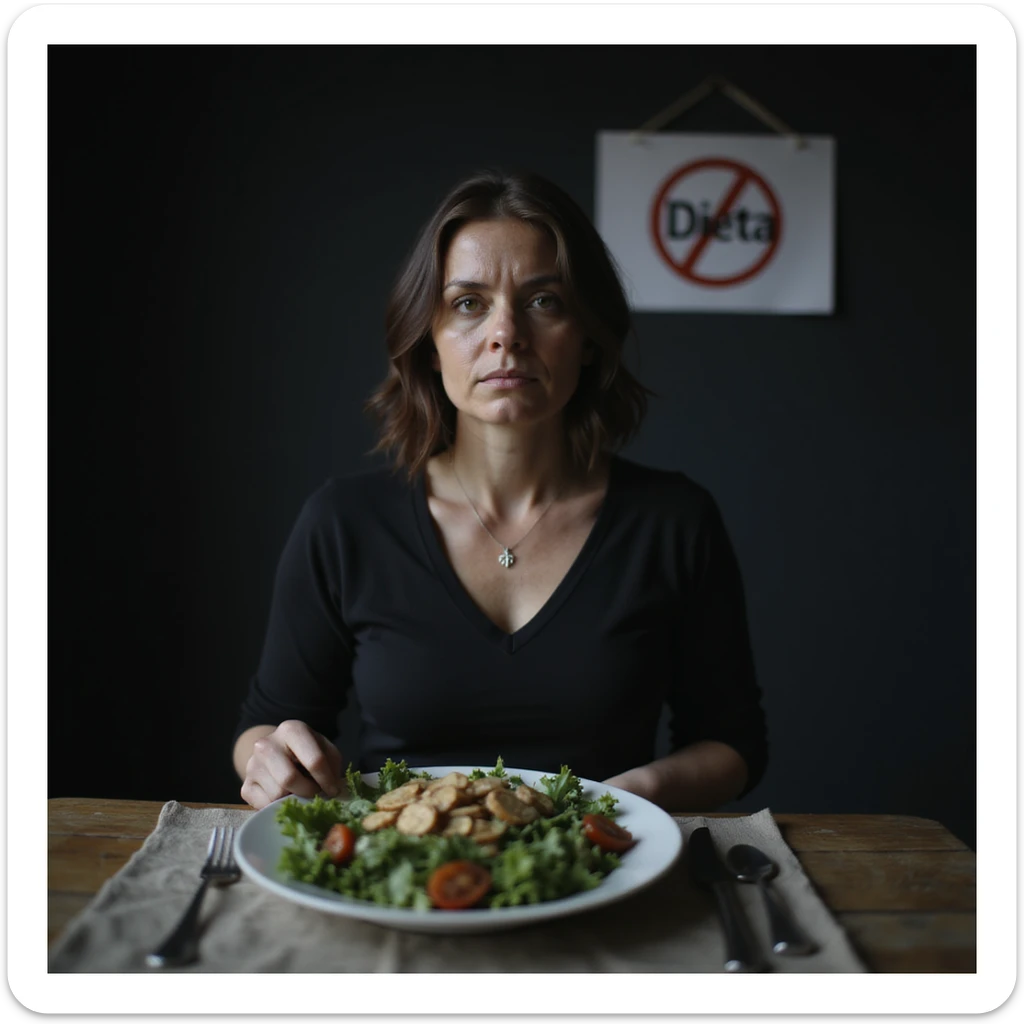 ultra realistic photo of an adult woman sitting in front of a salad plate, downcast gaze, cutlery placed as if heavy, dark atmosphere, cold light, minimalist kitchen background, sign 'Dieta' styled like a prohibition sign, environment conveying constraint sticker
