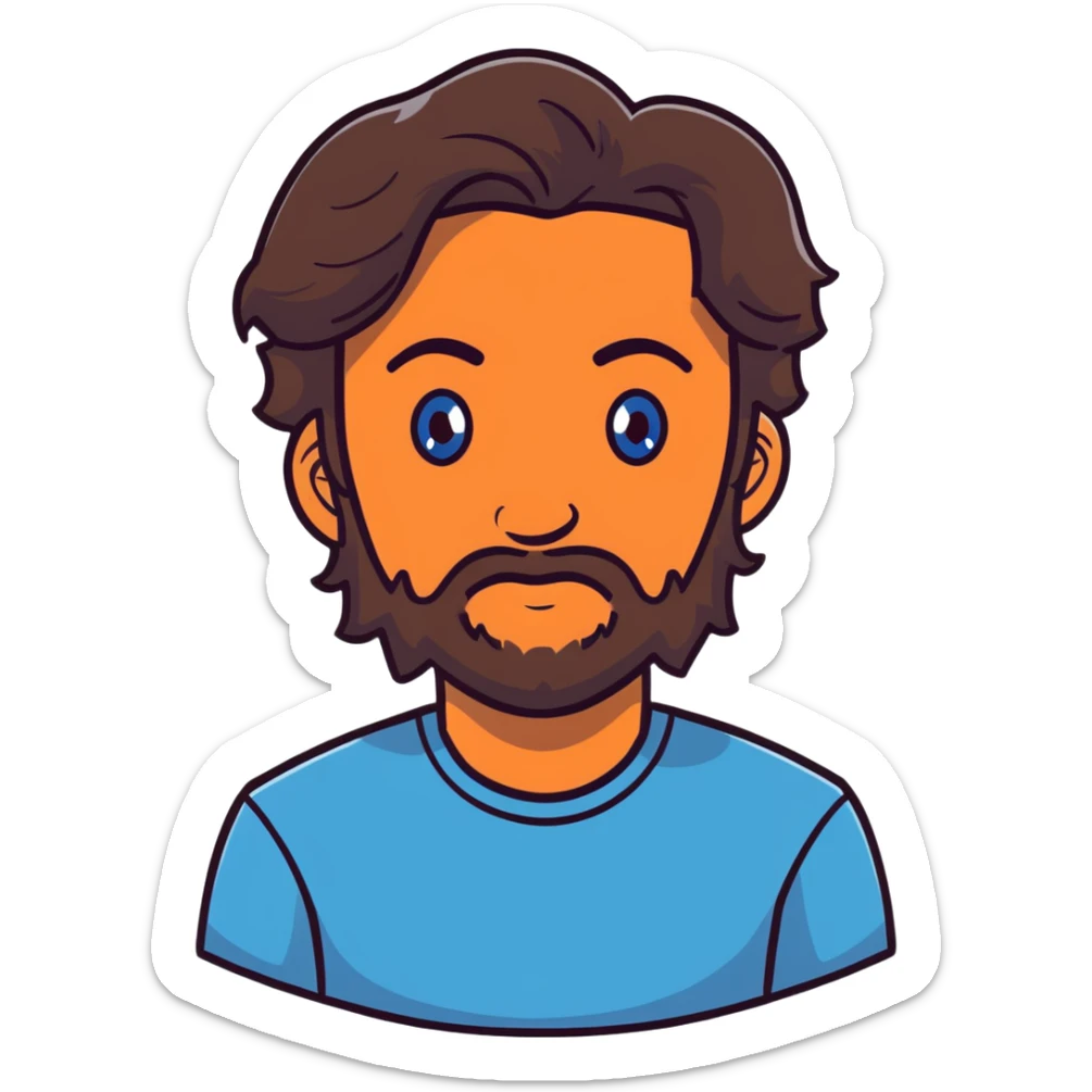 Lebanese man with one blue eye and one brown eye, dark brown longish wavy hair, light beard, closed mouth, kind expression, blue shirt sticker