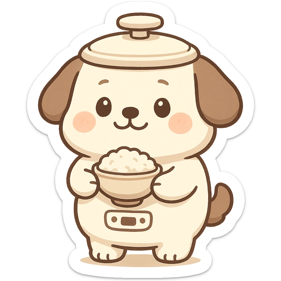 cute chibi rice cooker dog, round belly, holding a rice bowl, soft cream and brown tones, full-body sticker