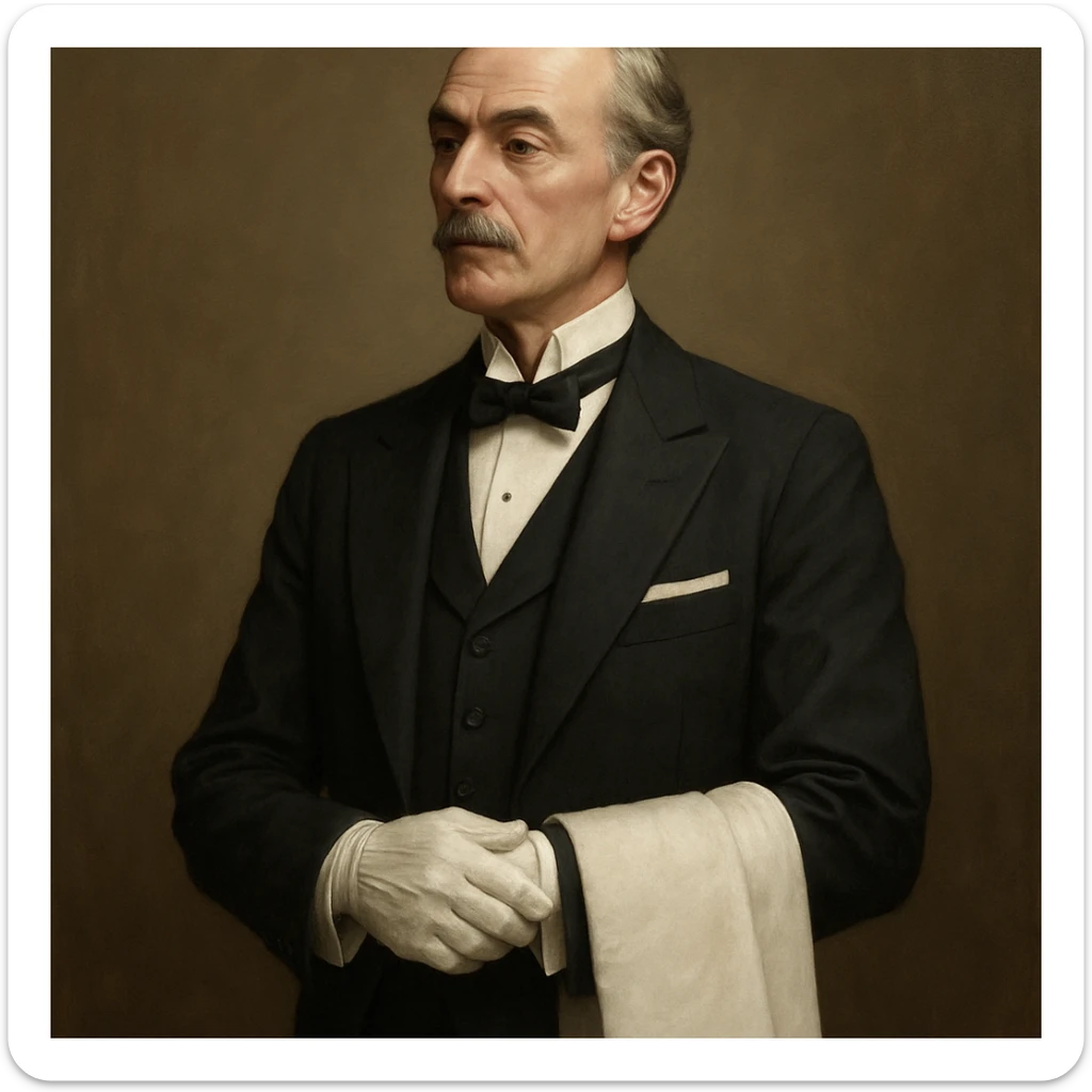 a sophisticated butler, classic British style, holding a towel over one arm, poised and professional, elegant and formal sticker