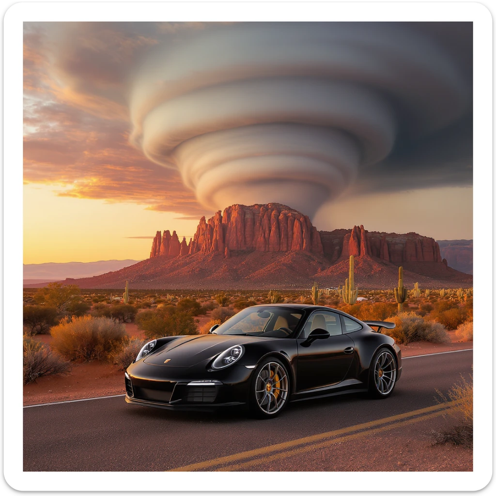 A modern desert mountain, wallpaper, modern, porsche 911, sunset, arizona desert, tornado in background sticker