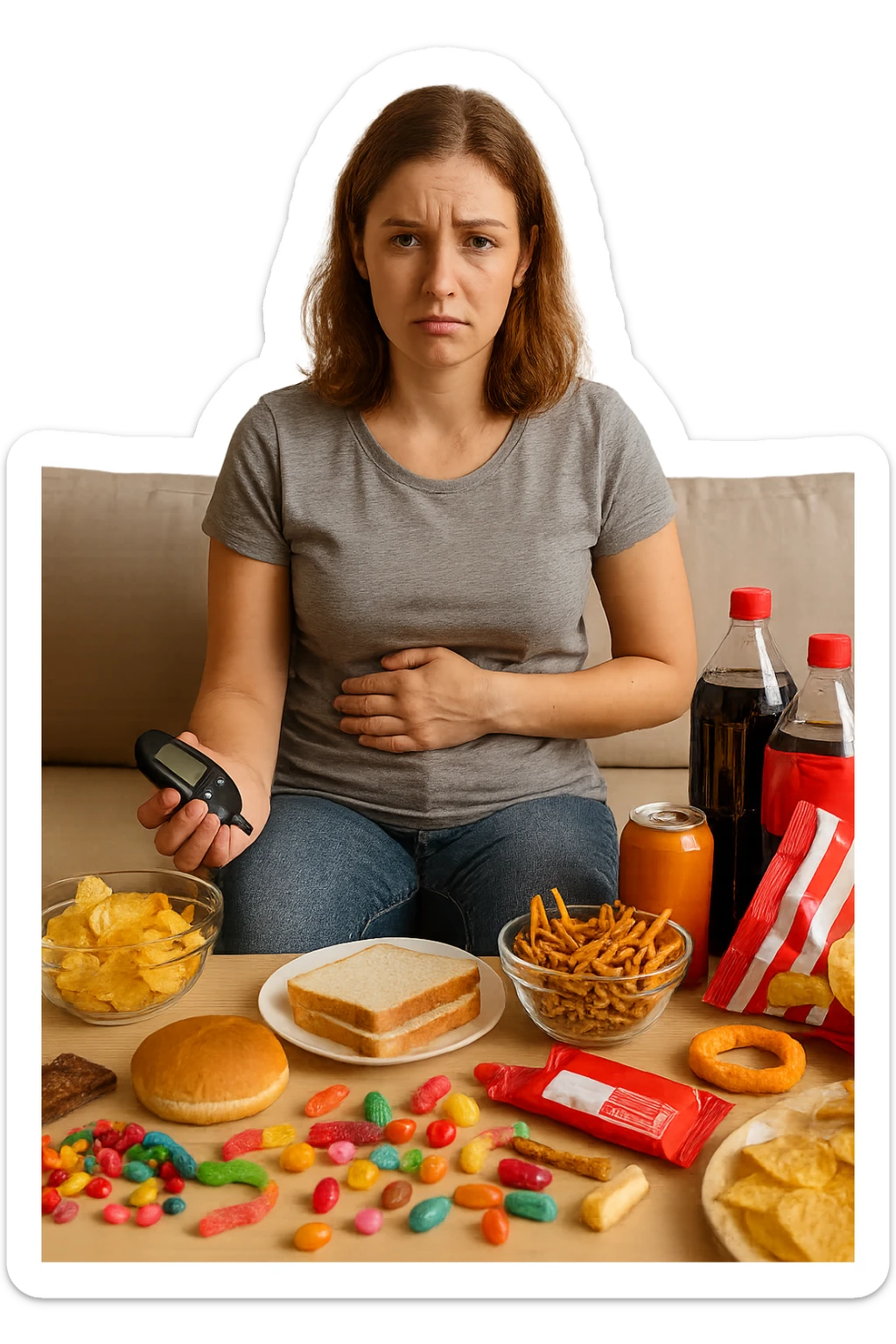 Donna tra i 25 e i 35 anni seduta sul divano o a un tavolo disordinato, circondata da cibi sparsi e poco sani: patatine, dolci, pane bianco, snack confezionati, bibite. con insulino resistenza sticker
