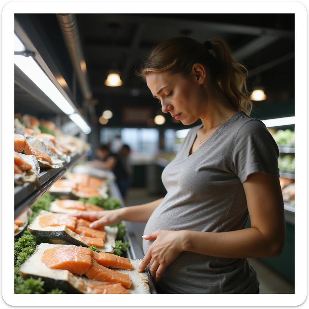 realistic pregnant woman in 4K looking at salmon in supermarket with worried expression close-up detail on salmon fillet showing parasites inside sticker