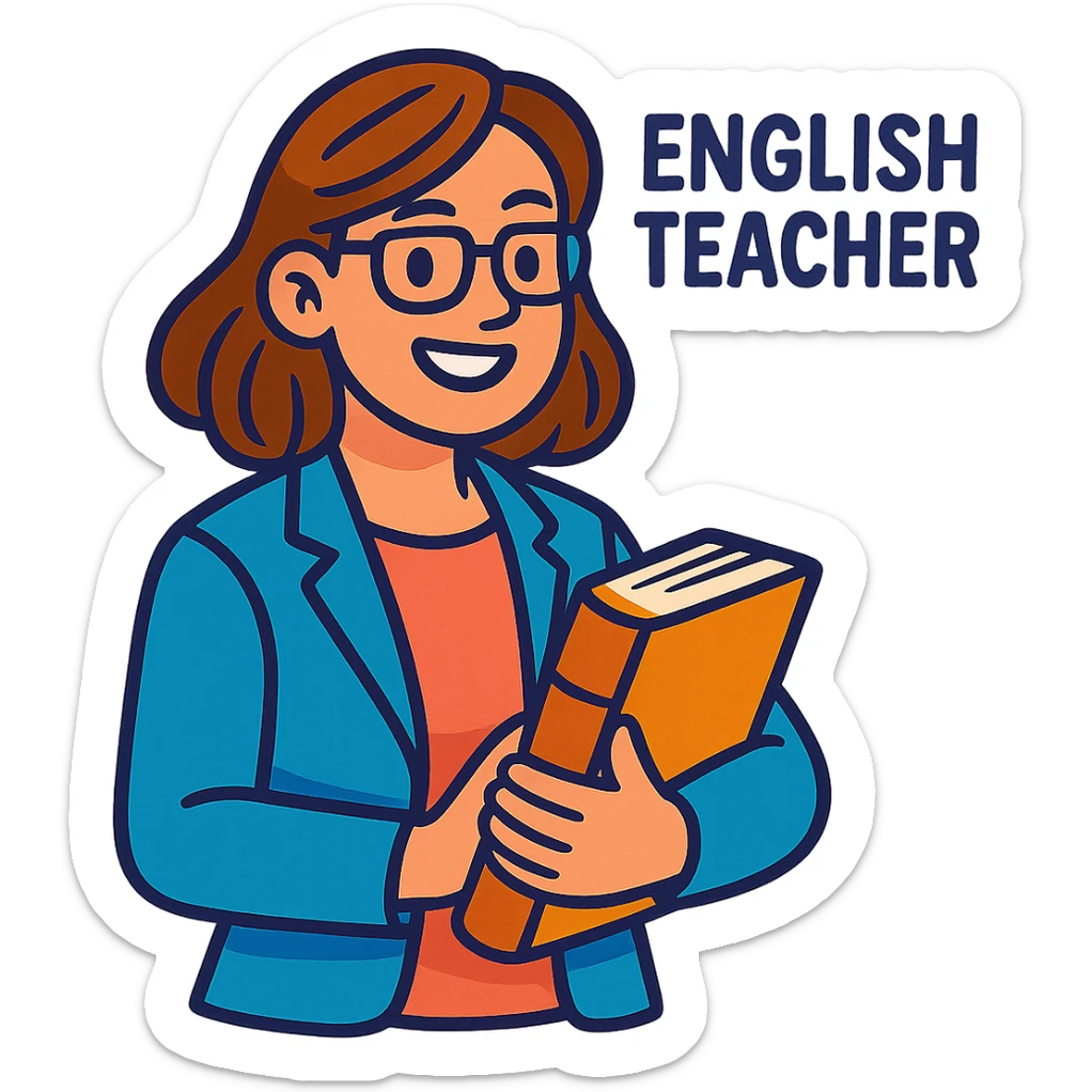 woman English teacher with brown hair, holding a book, vibrant toon style sticker