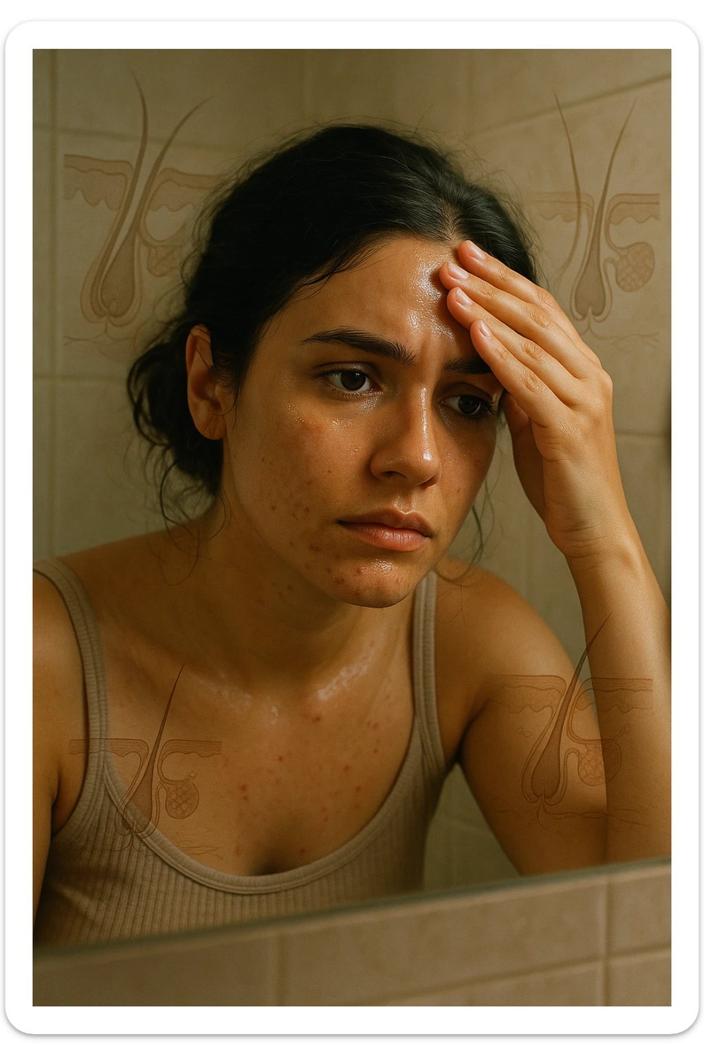 A realistic, cinematic portrait of a young woman in her late 20s with medium skin tone, sitting in front of a mirror in a softly lit bathroom. Her facial skin appears oily with a noticeable shine on her forehead, nose, and cheeks due to overactive sebaceous glands caused by PCOS. Small acne spots are visible along her jawline and chin, highlighting hormonal imbalance. She gently touches her forehead with her fingertips, checking the oiliness with a slightly concerned expression. Her dark hair is tied loosely, showing a few strands sticking to the sides of her face because of excess sebum. Subtle overlays of scientific diagrams of sebaceous glands can be softly blended into the background, symbolizing the overproduction of sebum. The atmosphere is clean and realistic, with warm daylight tones and a soft depth of field, ensuring emotional connection while maintaining medical educational value. 35mm film style, highly detailed skin texture and reflections on the oily areas for a hyperrealistic effect in italiano sticker