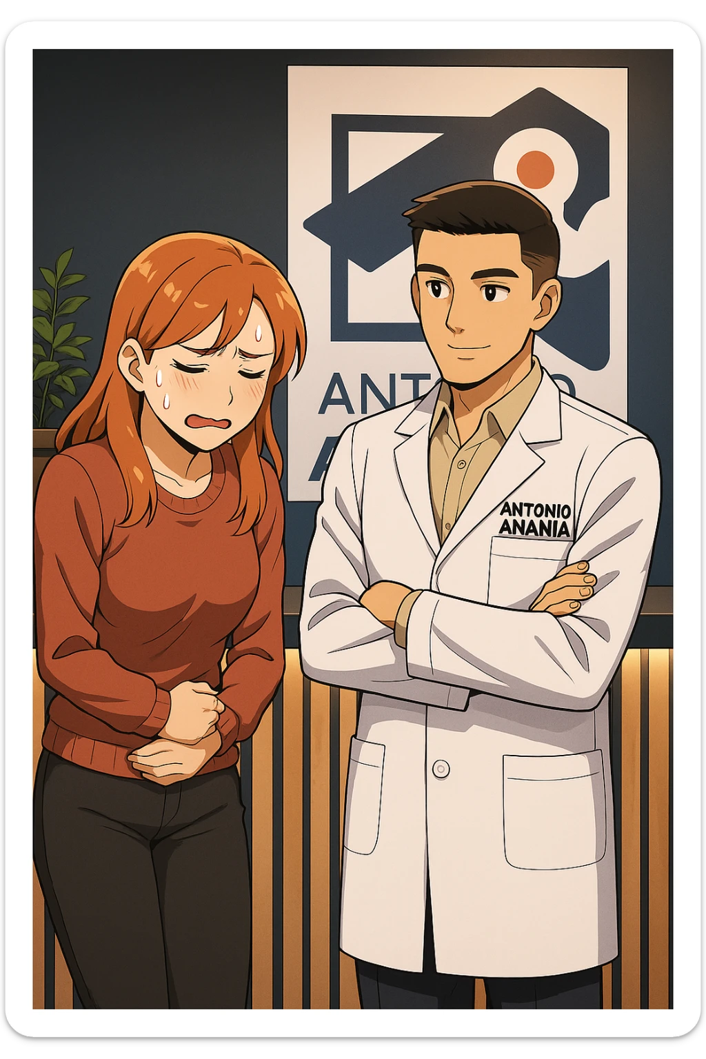 su questo stile fai un manga/webtoon a colori in cui una donna si lamenta che sta male e ha mal di pancia, l'uomo della foto in stile manga gli risponde, mantieni un ambiente simile alla foto che ho allegato con il suo logo (sarebbe il suo studio, lui è un kinesiologo), scrivigli "ANTONIO ANANIA" sul camice bianco, non mettere fumetti, ma fai in modo che sembri che la donna chiede una cosa e l'uomo risponde alla sua domanda sticker