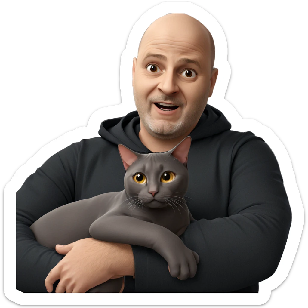 bald man holding a cat sticker