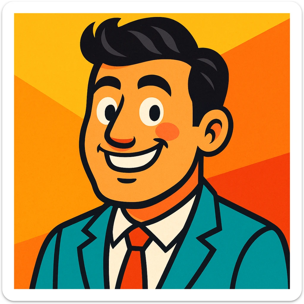 a smiling man with thick hair, looking confident and happy after a hair transplant, vibrant cartoon style sticker