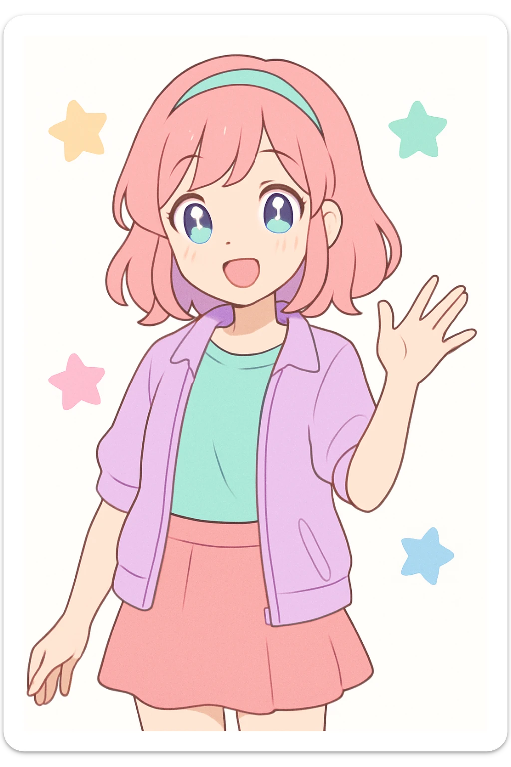 playful anime style, pretty young woman, cheerful expression, casual outfit, tasteful and cute, vibrant colors, no explicit content sticker