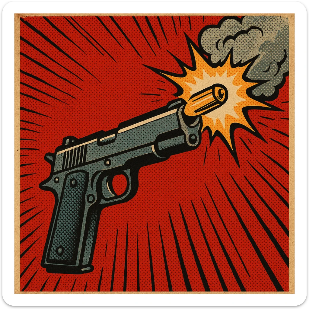 a realistic handgun firing a bullet, with muzzle flash and smoke coming out of the barrel, comic book style sticker