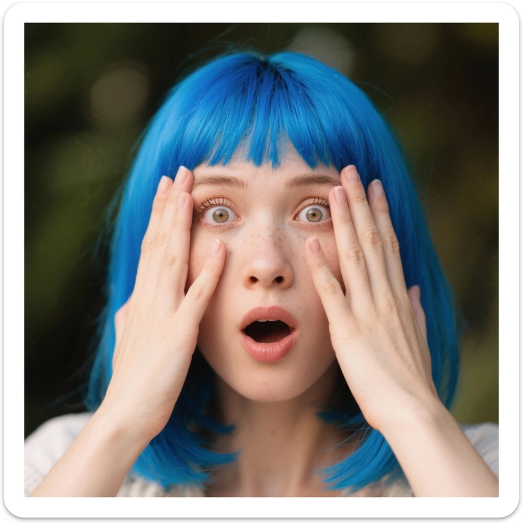 Woman with blue hair with hands over her eyes in disbelief  sticker