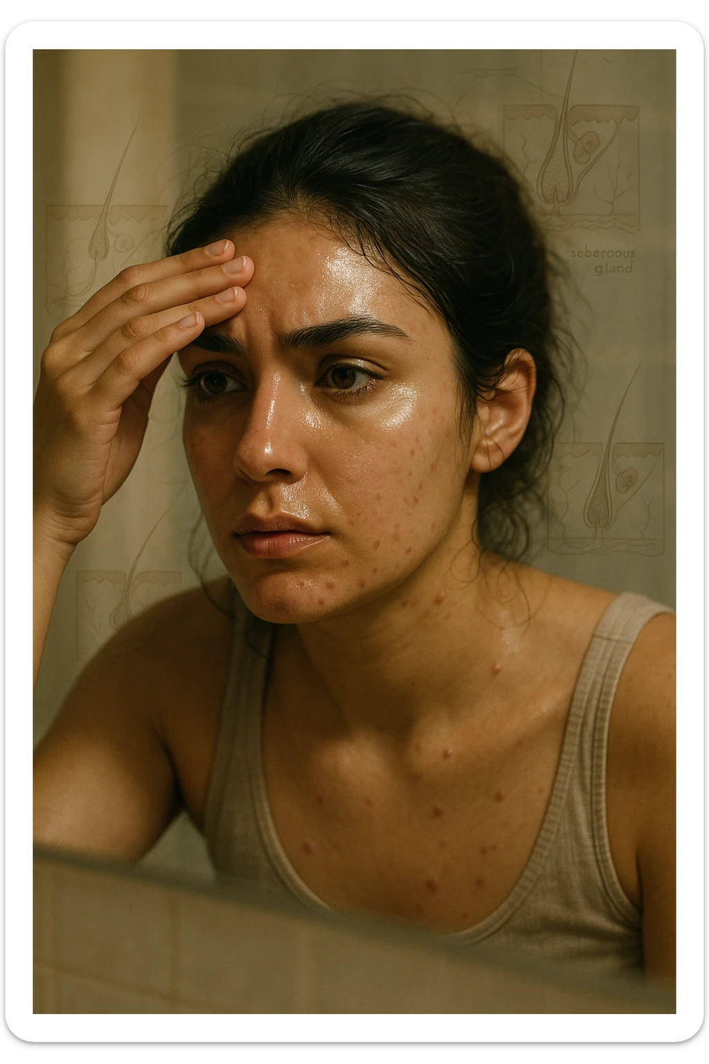 A realistic, cinematic portrait of a young woman in her late 20s with medium skin tone, sitting in front of a mirror in a softly lit bathroom. Her facial skin appears oily with a noticeable shine on her forehead, nose, and cheeks due to overactive sebaceous glands caused by PCOS. Small acne spots are visible along her jawline and chin, highlighting hormonal imbalance. She gently touches her forehead with her fingertips, checking the oiliness with a slightly concerned expression. Her dark hair is tied loosely, showing a few strands sticking to the sides of her face because of excess sebum. Subtle overlays of scientific diagrams of sebaceous glands can be softly blended into the background, symbolizing the overproduction of sebum. The atmosphere is clean and realistic, with warm daylight tones and a soft depth of field, ensuring emotional connection while maintaining medical educational value. 35mm film style, highly detailed skin texture and reflections on the oily areas for a hyperrealistic effect in italiano sticker