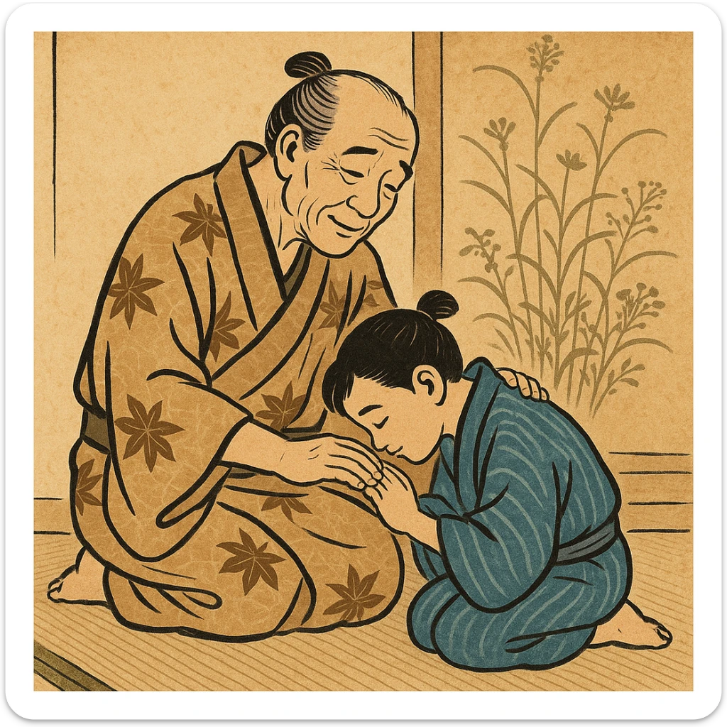 ukiyo-e style illustration of a respectful child and parent, traditional filial scene sticker