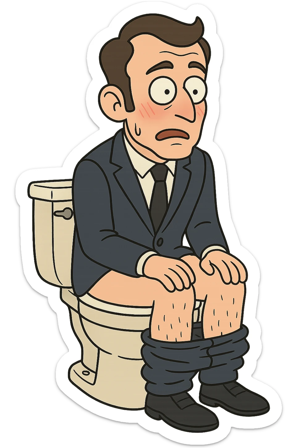 cartoon of a man resembling a French leader, sitting on a toilet, blushing and looking surprised, light humorous style, no explicit details sticker