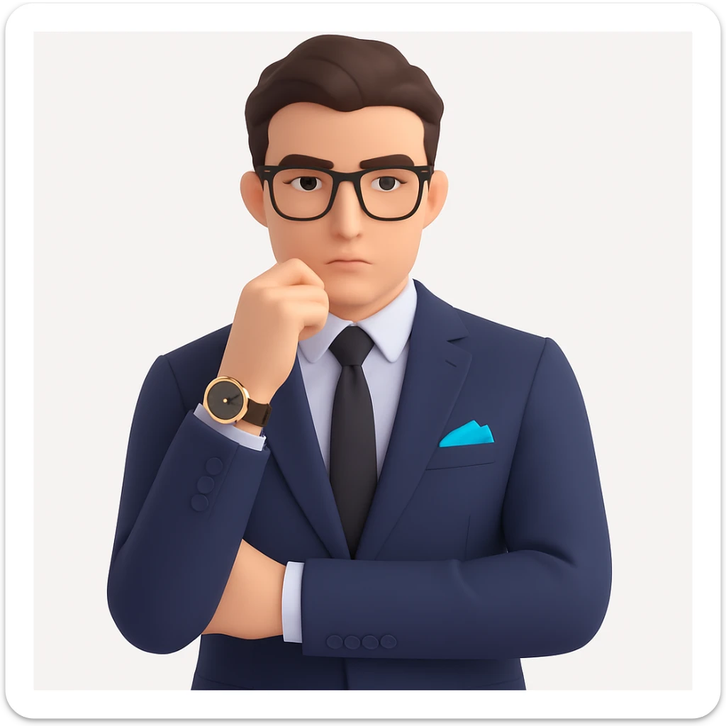 Add stylish glasses to the thoughtful businessman, keeping the luxury watch visible and the expression contemplative and curious, with a clean background. Maintain a clean background and focus on the glasses and expression enhancement. sticker