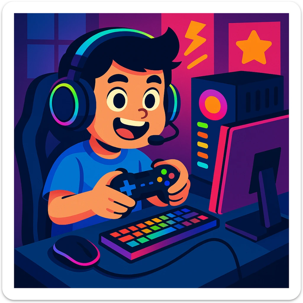 Add headphones and LED lights to the young boy with a gaming setup in a vibrant and playful style. sticker