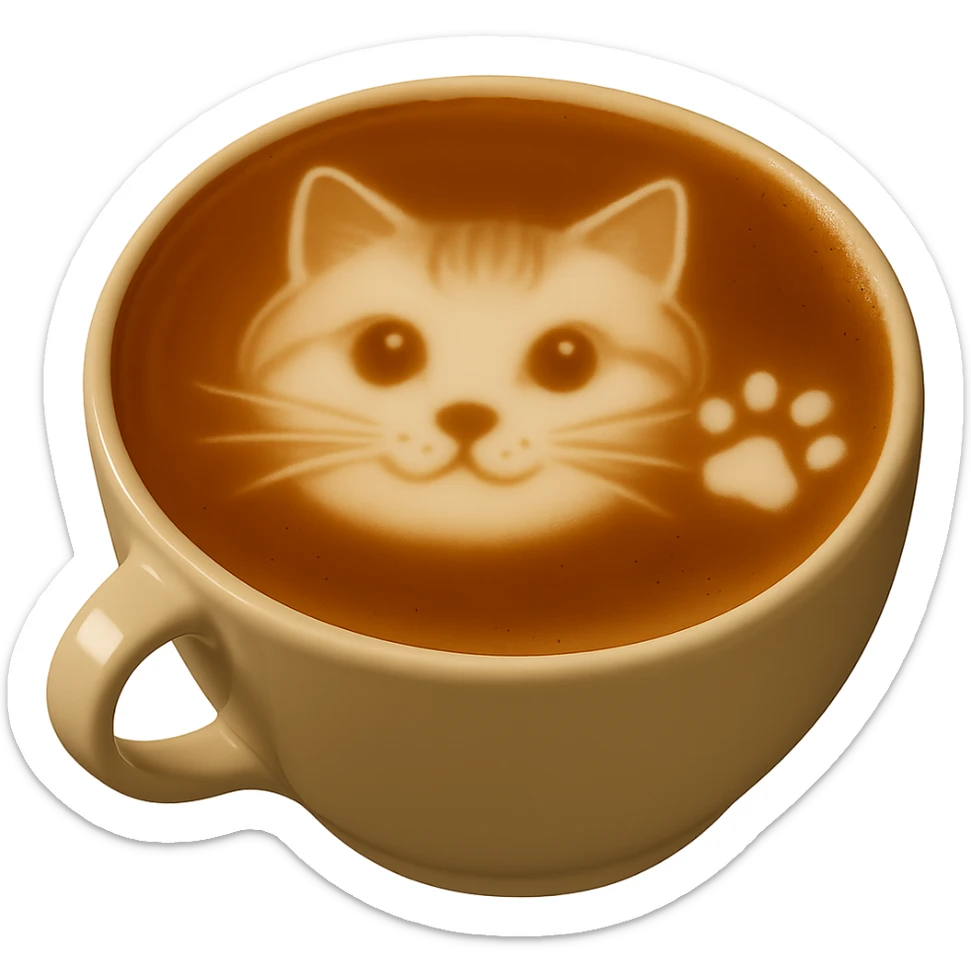 Add a small paw print latte art next to the cat face on the latte. Keep realistic texture and gentle lighting. No background. Maintain the realistic latte art style as in the reference image. sticker