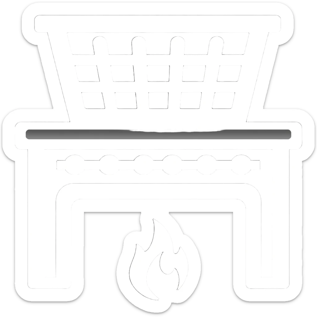 Icono de un estufa industrial con canastilla arriba y llama estilizada debajo, que sea icono en blanco, estilo outline sticker