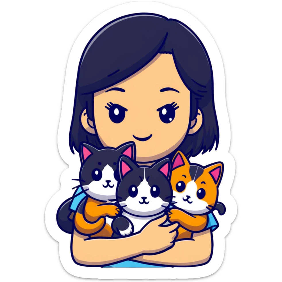teenage girl with black hair with brown highlights with two cats that are tri-colored (black, orange, and white) sticker