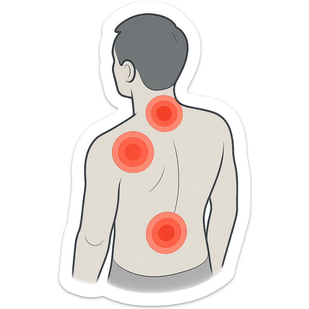 Silhouette of a back with pain zones indicated by red circles in the neck, lower back, and shoulder blade areas. Style: 2D Isometric with clear shadows and highlights, transparent background. sticker