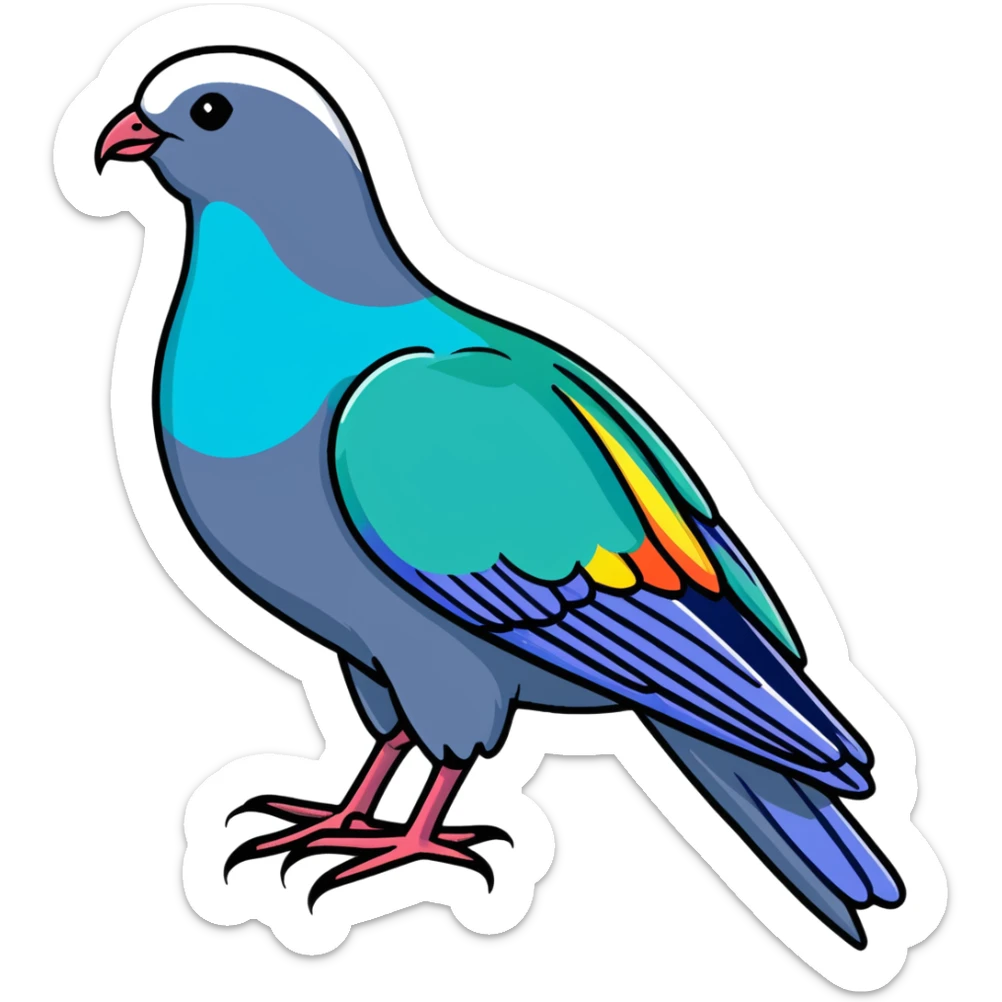 Nicobar pigeon with colorful iridescent plumage, distinctive long neck feathers, and white tail sticker