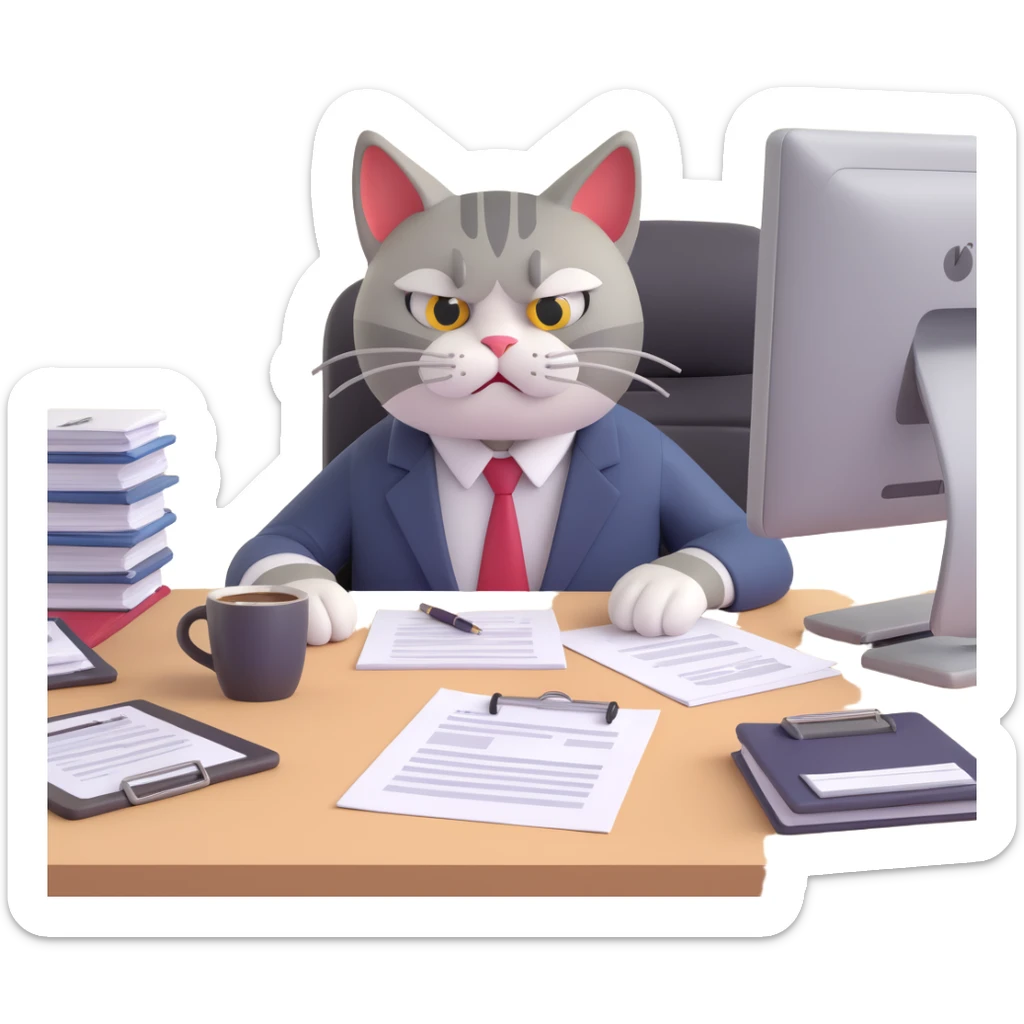 very angry exhausted cat in office attire with furrowed brow glaring eyes slumped at messy desk with paperwork coffee mug computer frustrated after 12 hour workday terrible week about to reply to annoying questions from colleagues sticker