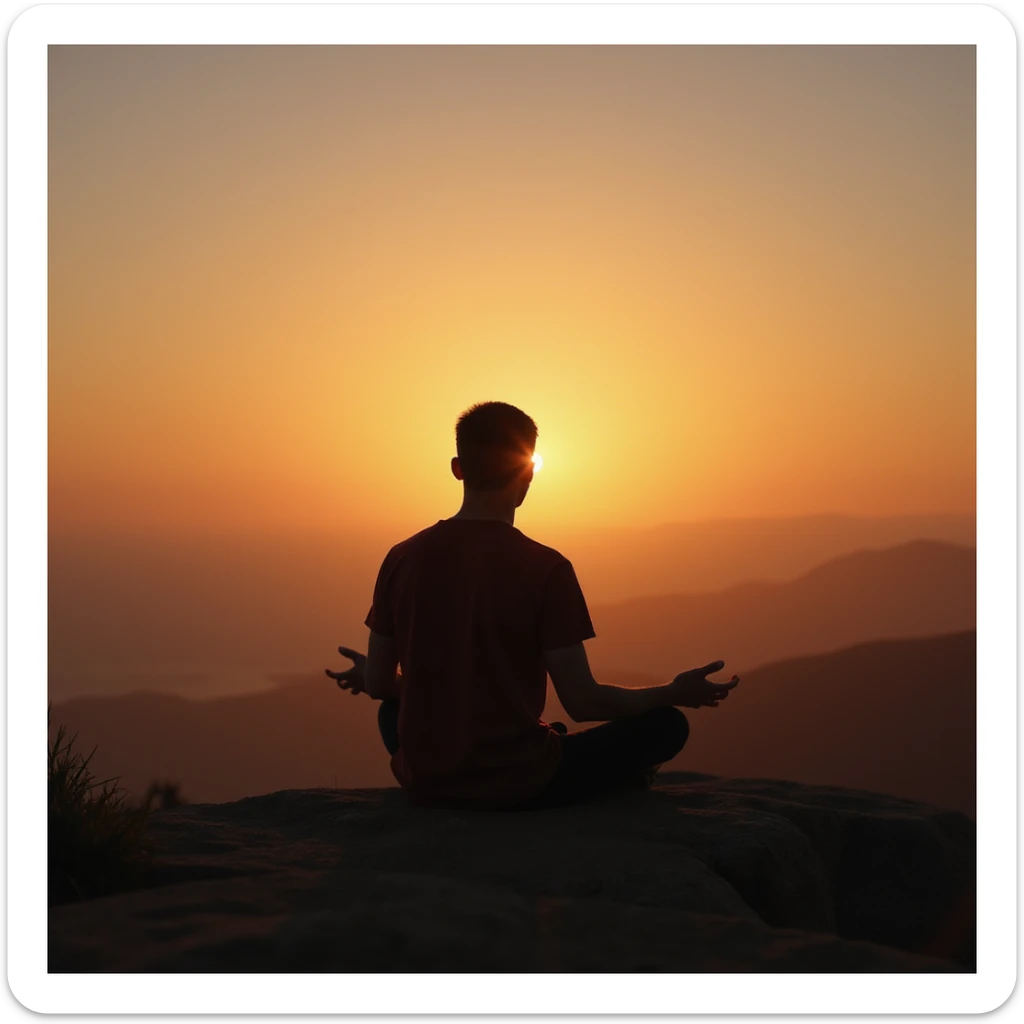 vertical photograph of a man practicing fasting to regenerate the body, man watching the sunset, contemplative atmosphere, realistic style sticker