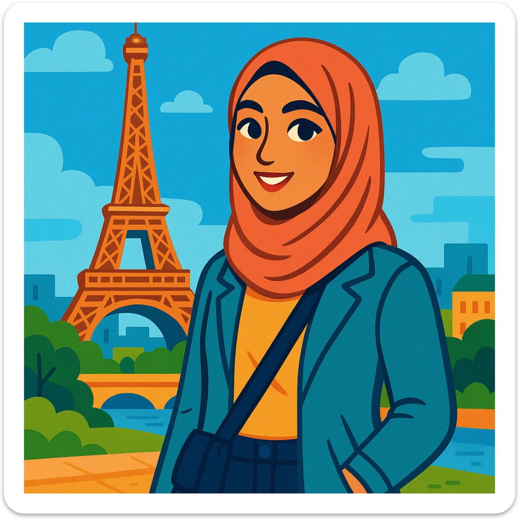 A hijabi woman standing in front of the Eiffel Tower, Paris, wearing a stylish hijab and modern clothes, city background, vibrant and welcoming style. sticker