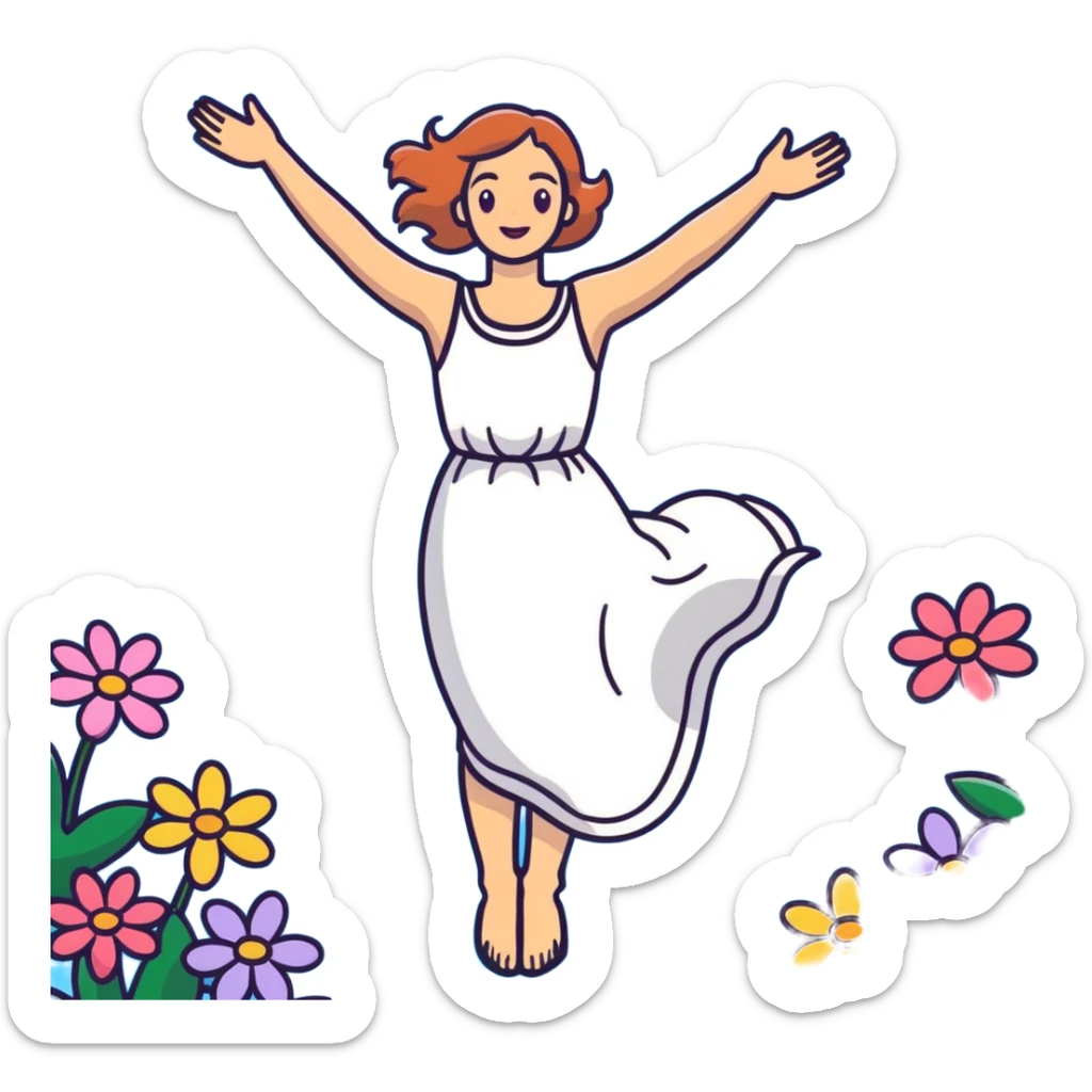 Ophelia floating in water surrounded by flowers, woman in dress with arms outstretched, based on the famous painting by John Everett Millais sticker