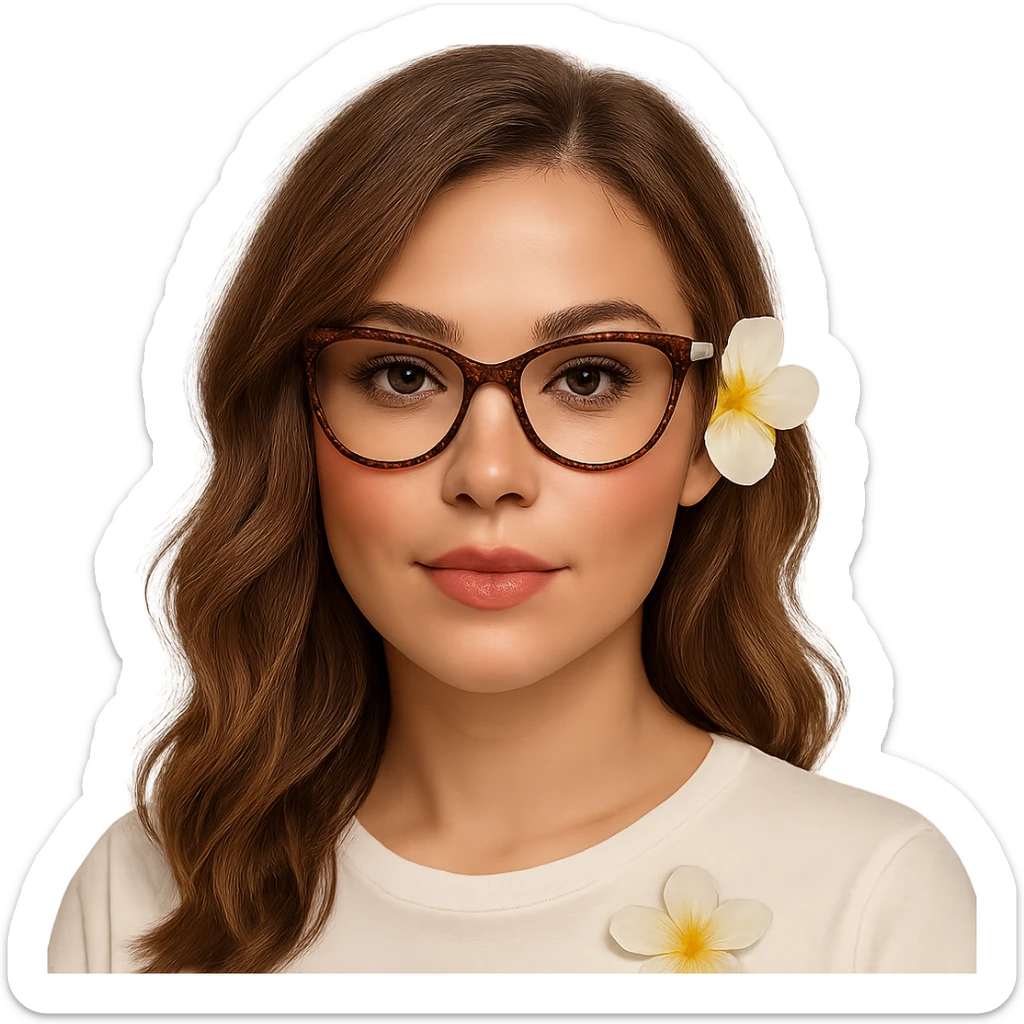 profile picture of a woman with light brown wavy hair, wearing blush and bronzer, cheetah print glasses, a white top with a frangipani flower on it, and long lashes sticker