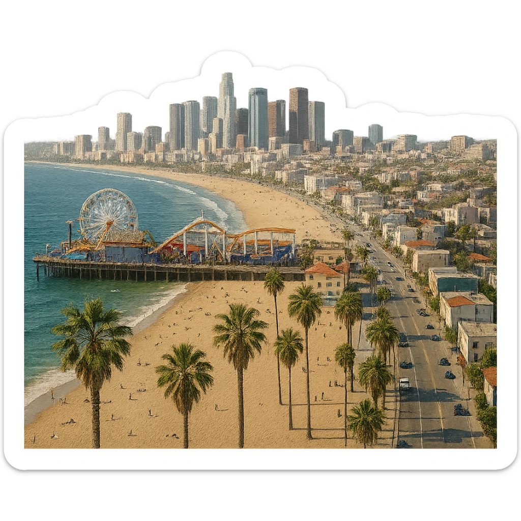 cinematic realistic emoji of Los Angeles, wide city view focusing on the coast with the Santa Monica Pier, Venice Beach, Pacific Park Ferris wheel, and palm trees, lifelike architectural detail, accurate colors, bright daytime lighting, fully transparent background, no sky, no clouds, no city name label sticker