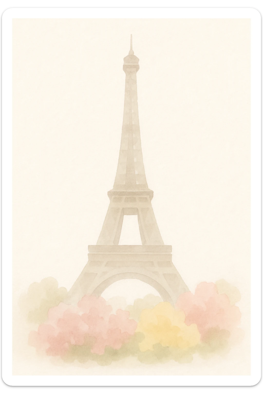 soft watercolor style illustration of the Eiffel Tower with colorful bushes of pink and yellow flowers at the base sticker