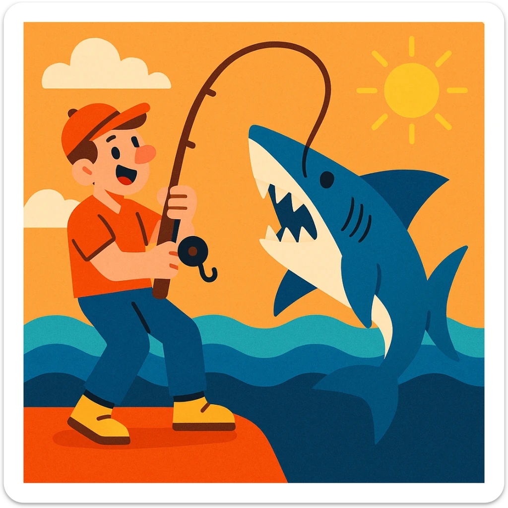 a man holding a fishing pole with a shark at the end of the line, clear and engaging style, vibrant and colorful illustration sticker