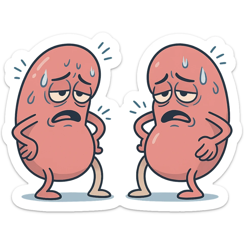 cartoon kidneys with stress lines and sweat, holding their sides, tired eyes, soft blue and pink tones, medical style sticker