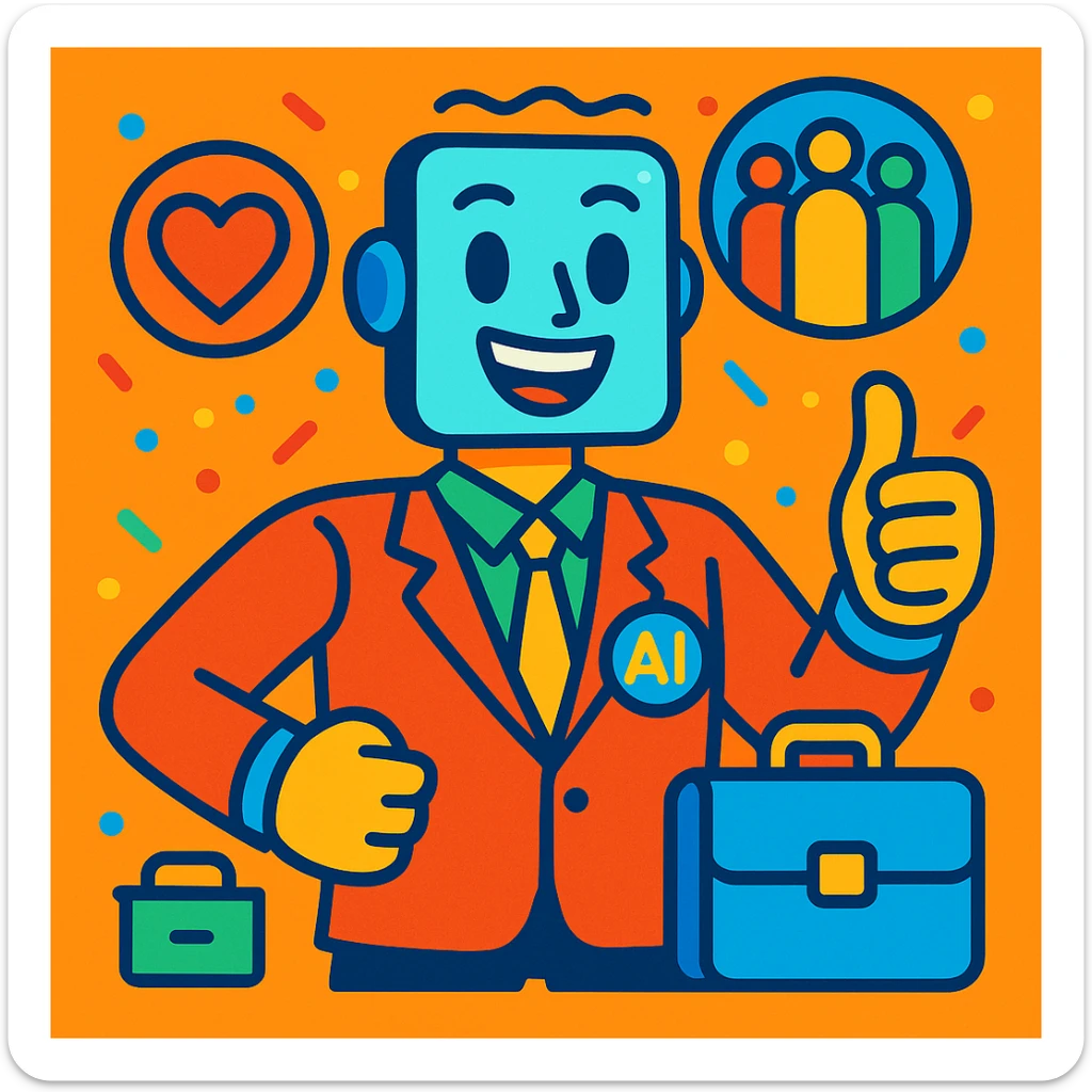 lächelnder humanoider KI-Mann mit HR-Symbolen wie Aktenmappe, Herz, Team, der Zuversicht und Unterstützung ausstrahlt, cartoonhafter, farbenfroher Stil für KI Mutmacher HR sticker