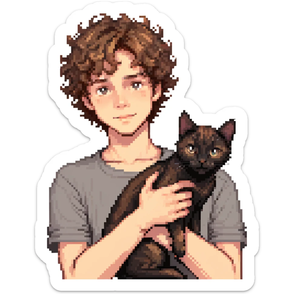 young male with brown light skin, slightly curly hair, holding a black cat sticker