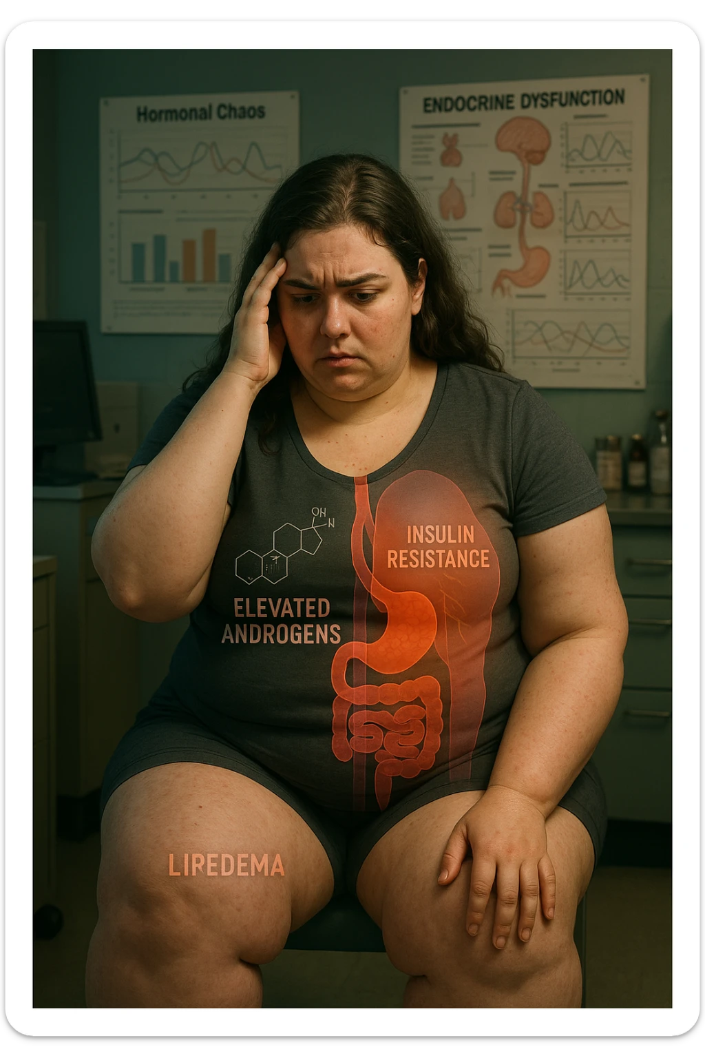 cinematic realistic in italiano Woman with PCOS struggling with hormonal chaos, transparent overlay showing elevated androgens and insulin resistance affecting her body, lipedema causing disproportionate fat accumulation in legs and arms despite normal torso, expression of frustration with unexplained weight gain, medical charts showing complex endocrine dysfunction, painful swollen limbs contrasting with metabolic confusion sticker