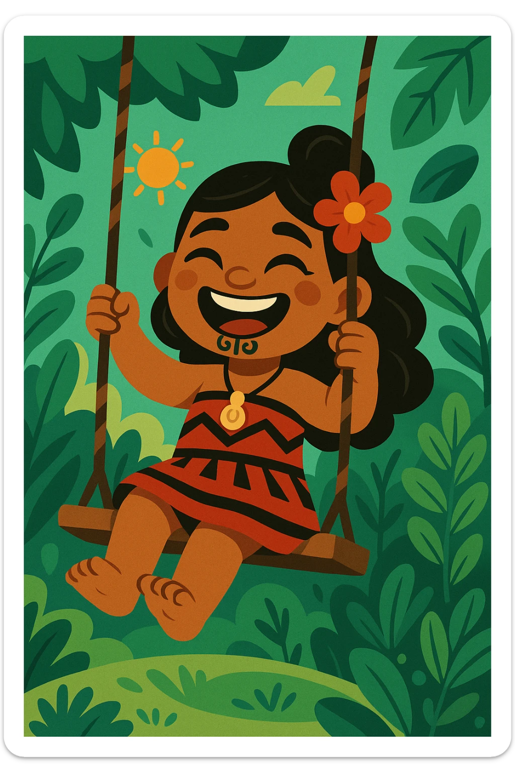 A cheerful Maori girl on a swing, traditional moko kauae (chin tattoo), surrounded by greenery, playful and lively illustration sticker