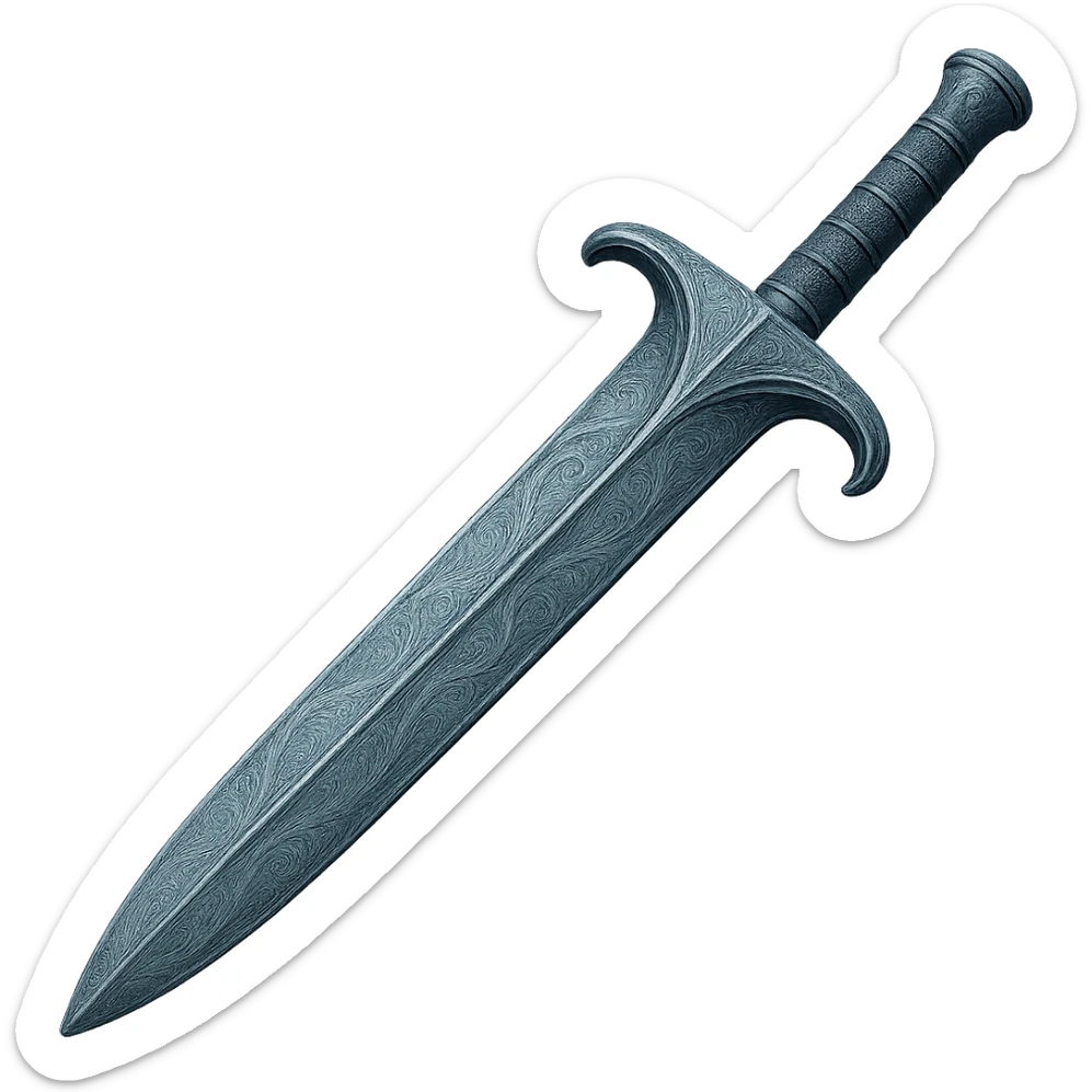 Recolor this weapon to match the blueish-gray steel color and ornate engravings of the reference helmet. Emphasize the cool metallic finish and detailed engravings, matching the helmet exactly. Transparent background. The style should reflect a cool metallic look with detailed engravings as seen in the helmet reference. sticker