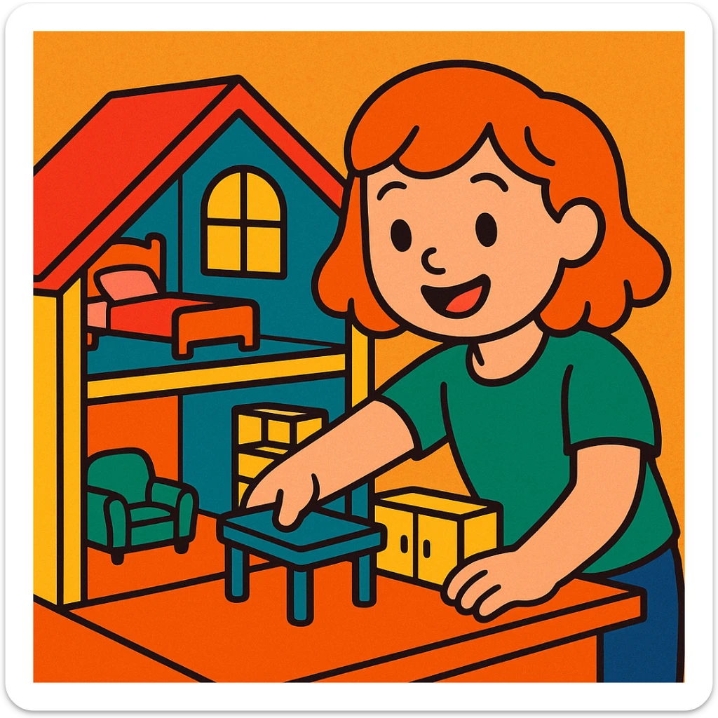 smiling girl arranging furniture in doll house sticker