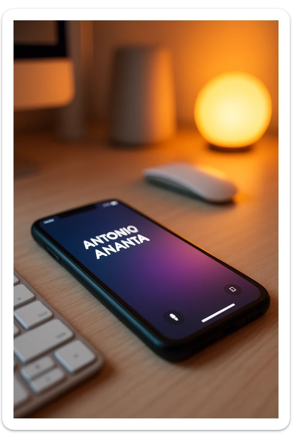 A photo of an iPhone on the desk with the message "Antonio Anania" on its screen, The phone sits atop a desk with a blurred background that suggests work environment. A faint glow from above casts gentle shadows across the surface of each object, creating depth and highlighting their textures sticker