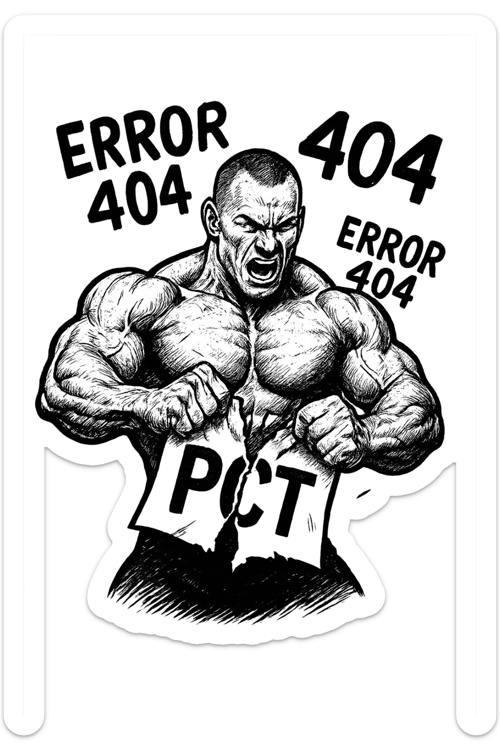 bodybuilder che strappa un foglio con la scritta "PCT" INTORNO A LUI FLUTTUANO LE PAROLE "ERROR 404" sticker