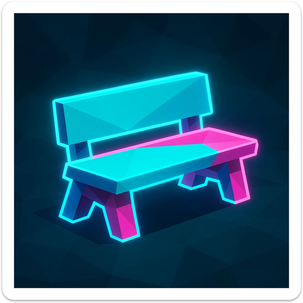 geometric bench inspired by Just Shapes and Beats, bright neon blue and pink, glowing outline, minimalistic and fun sticker
