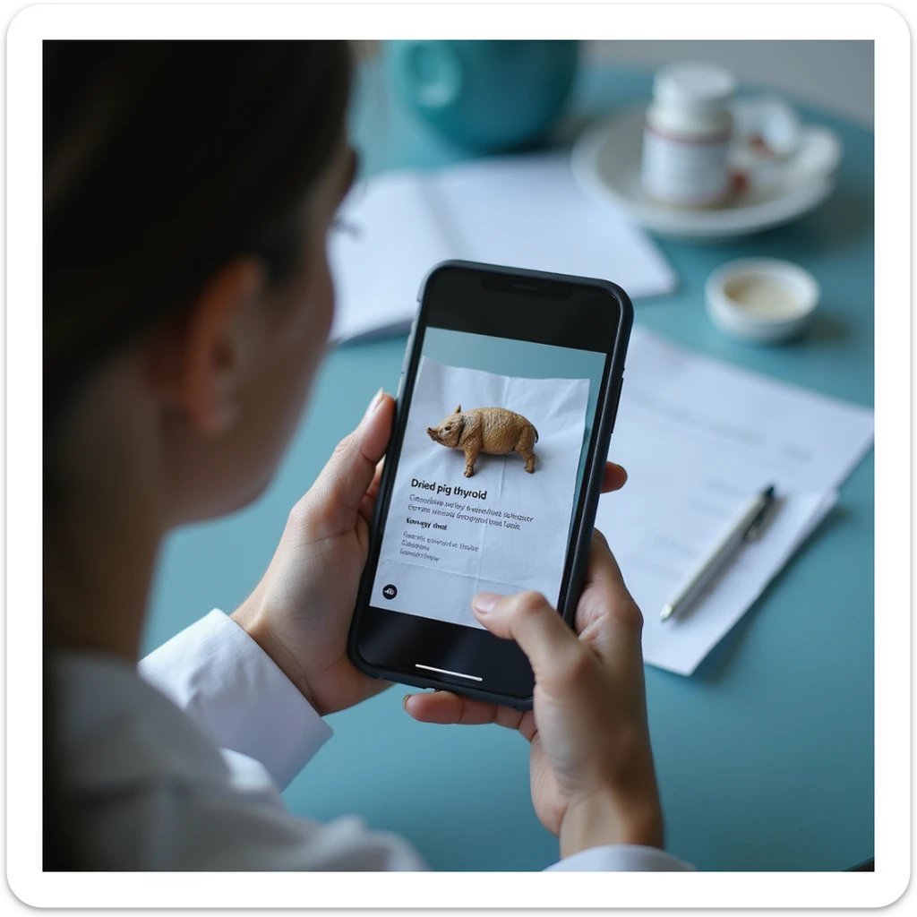 woman photographing the medical prescription with her smartphone, 'Dried pig thyroid' clearly visible on the screen, modern clinical environment, hyperrealistic 4K sticker