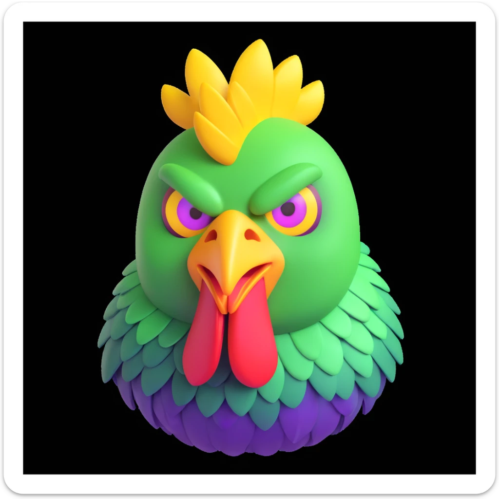 3D cartoon emoji of a chicken-alien hybrid with a geometric green head, uneven chicken comb, three glowing yellow eyes, metallic beak, jagged purple scales instead of feathers, toxic waste green background, clean lines, high contrast sticker