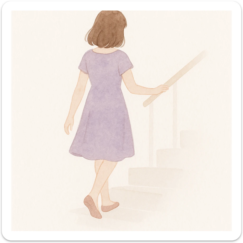 soft watercolor illustration in a minimalist modern style, a girl in a purple dress walking downstairs viewed from behind, pastel colors, delicate linework, gentle whimsical mood, minimal soft shading sticker