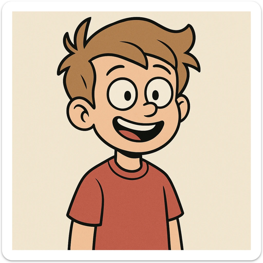 young boy, brownish blonde hair, red shirt, cheerful, clean background, cartoon style sticker