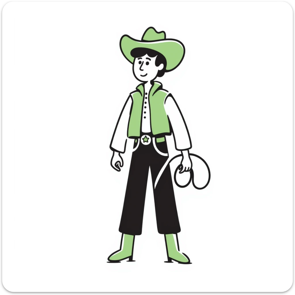 Cowboy wearing a bright green hat with no star, lasso in hand, western outfit sticker