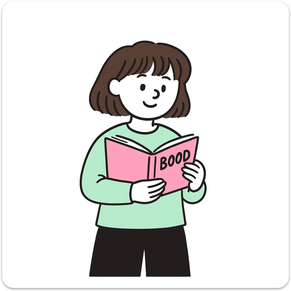 A girl with shoulder-length, slightly darker brown hair holding a pink book, wearing a long-sleeve mint shirt, in doodle style sticker