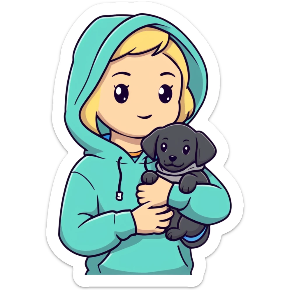 Blonde girl with smooth hair and a center part, light skin with freckles, wearing a hoodie and carrying a black baby labrador puppy in her arms sticker